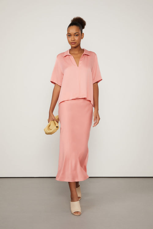 Saia midi Aurora seda rosa strawberry — frontal
