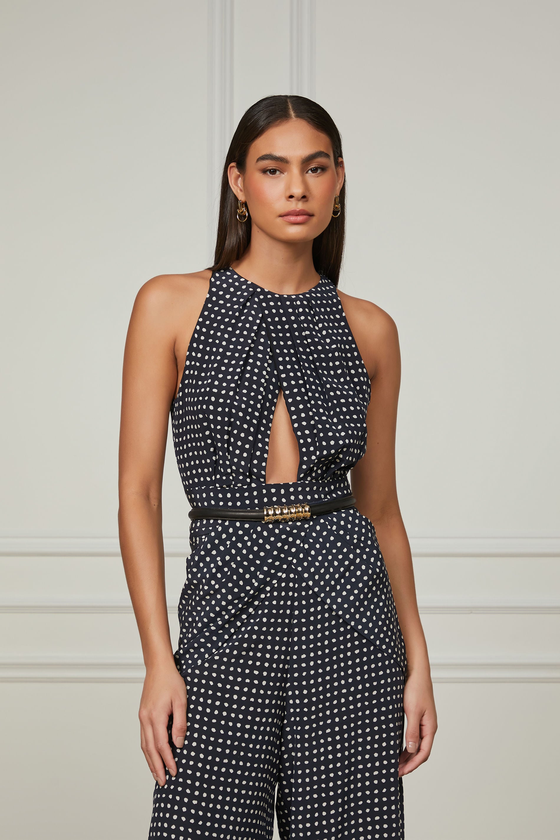 Top cropped Pois seda transpasse frontal — frontal